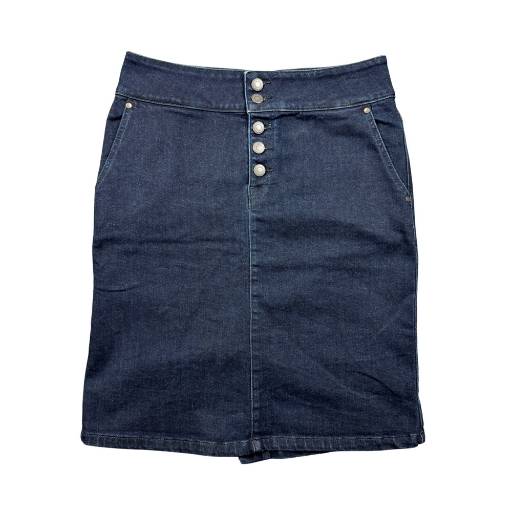 Prana Aubrey Denim Skirt Women 6 Dark Wash Organic Cotton Button Fly Granola